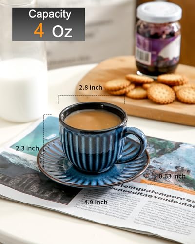 image for Hasense 4 Oz Espresso Cups with Saucers Set of 4, Ribbed Cappuccino Cu