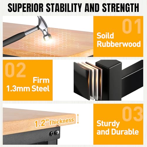 Image of 60 inch Heavy Duty Work Bench, Adjustable Workbench, 2000 LBS Load Capacity Rubber Wood Work Table with Pegboard, Power Outlets, Work Benches for Garage, Workshop, Office, Home, Commercial