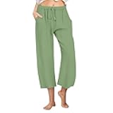 Cotton Linen Pants for Women 2025 Wide Leg Cropped Lounge Trousers Drawstring Elastic Waist Summer Beach Pant Outfits