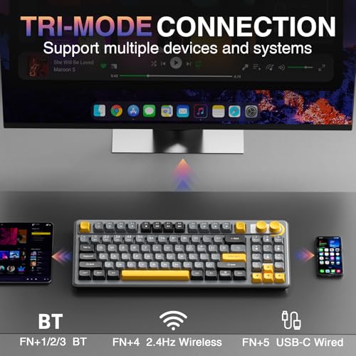Image of SOLAKAKA SK90 75% Wireless Gaming Keyboard - 4000mAh Tri-Mode (BT5.0 /2.4G /USB-C) Cute Creamy Gaming Keyboard with Number Pad, Media Knob, RGB Backlit, Quiet Keys Silent Office Keyboards for PC MAC