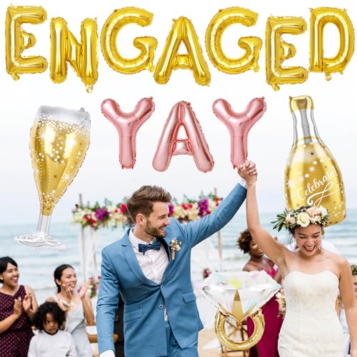 Image of Gold Engagement Party Decorations, Engaged Yay Balloons Letters Banner, Diamond Ring White Champagne Bottle Balloon Glass Foil Balloon for Bachelorette Engagement Wedding Bridal Shower Party Supplies