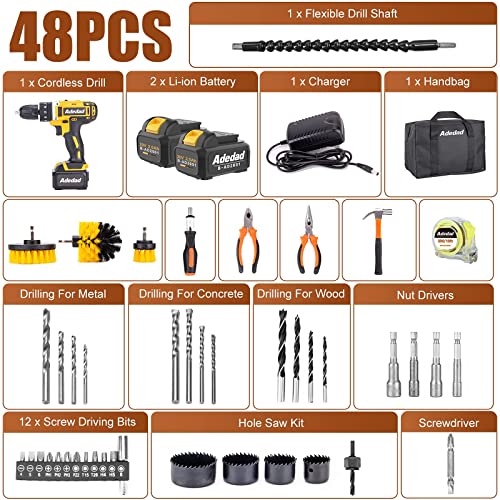 Adedad 20V Cordless Drill Set Electric Power Drill Kit With 2 Batteries And Charger,300 In-Lbs Torque, 3/8 Inch Keyless Chuck, 23+1 Position,2 Variable Speed, Led Light And 48Pcs Accessories #TOP1