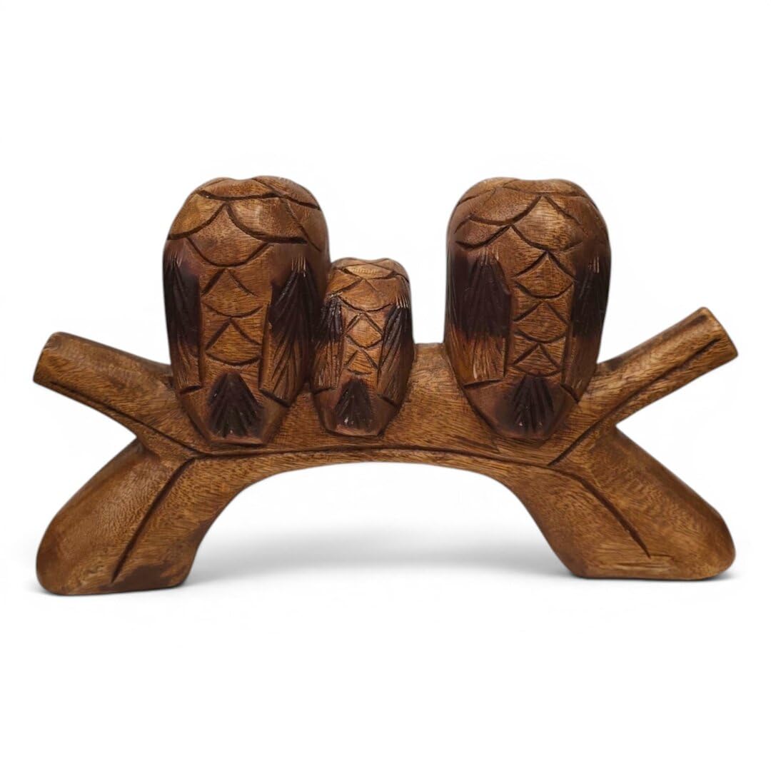 Kinaree Familia de búhos de madera en AST – tallado a mano, aprox. 36 cm de ancho, búhos decorativos de una sola pieza, regalo para la familia