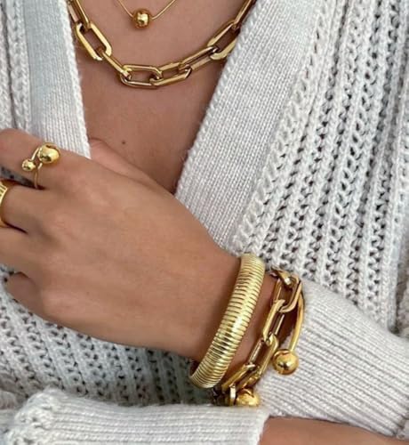 Image of Chunky Gold Bangle Bracelets for Women, Dainty 14k Gold Plated Big Stackable Bangles Set, Trendy Statement Cuff Bracelet Stack Fashion Jewelry Gifts