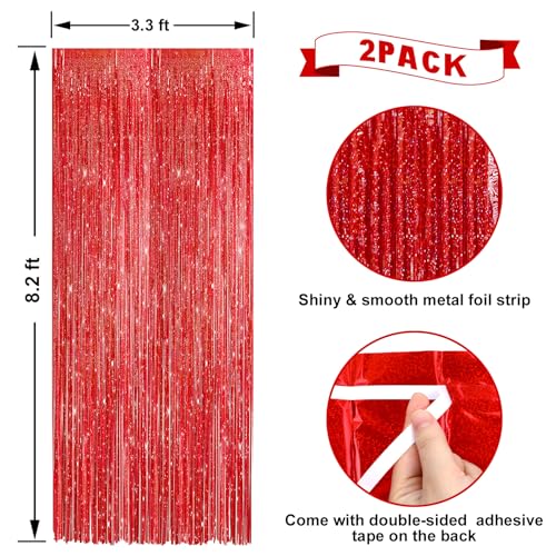 Image of 2 Pack Laser Red Foil Fringe Curtains Streamers Party Decorations 3.3 x 8.2 ft, Tinsel Curtain Fringe Backdrop for Parties, Door Fringe Birthday Streamers, Photo Booth Backdrops, Party Decor