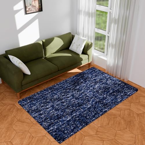Image of Kuber Industries Shaggy Fluffy Carpet for Living Room & Bedroom | Lexus Home Decor for Floor Carpet Rug | Non-Slip Bedside Rug | 3x5 Feet | Blue