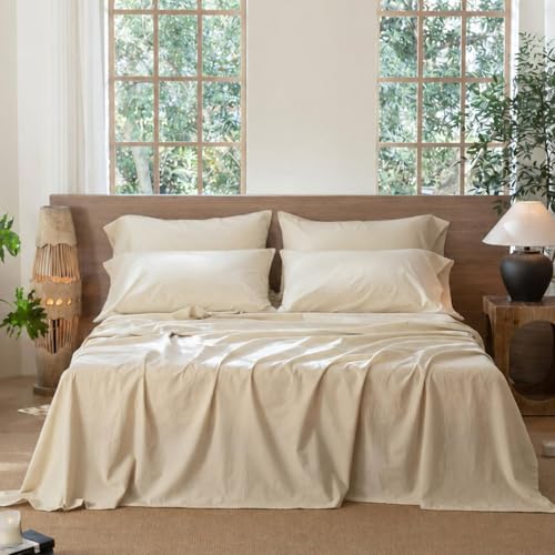 Image of MooMee Sheet Set 100% Washed Cotton Linen-Like Extra Deep Pocket Queen | Relaxed Linen-like Texture. Soft, Breathable & Lightweight Comfort. 15-19 inch Extra Deep Pocket with All-around Elastic