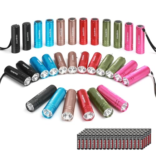 EverBrite 30-Pack Mini Flashlight Set, Aluminum LED Handheld Torches with Lanyard, Assorted Colors, 90xAAA Batteries Included for Emergency, Night Reading, Camping, Power Outage, Bulk Holiday Gifts