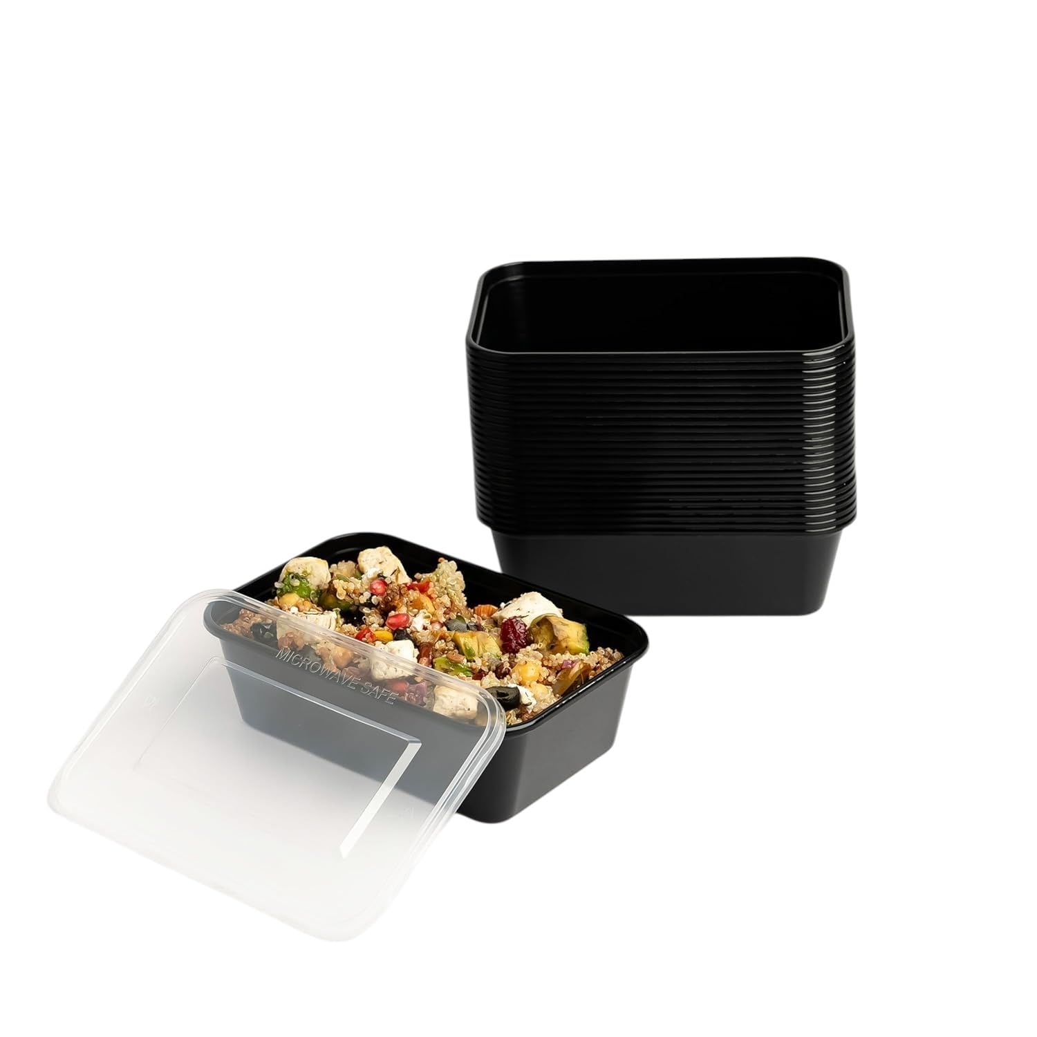 1ABOVE Secure Pack 50 x Microwave Black Plastic Food Takeaway Heavy Duty Containers with Clear Lids, Freezer & Dish Washer Safe (650ML)