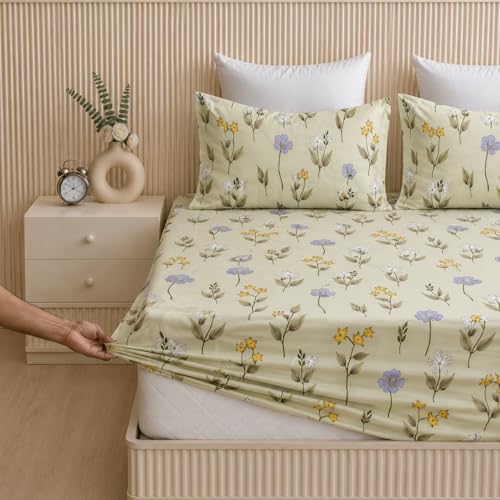 Image of 265 TC Glace-Cotton All Around Elastic Fitted Bedsheet, Elastic Fitted Bedsheet King Size Bedsheet for Double Bed with 2 Pillow Covers, Size - 72 x 78 x 8 Inch Color Lemon