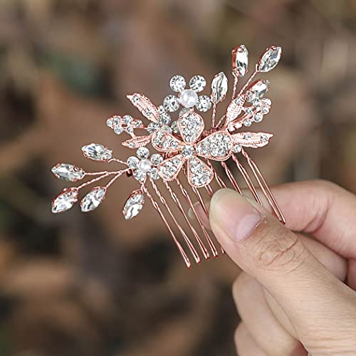 Latious Bride Wedding Hair Comb Flower Bridal Side Comb Crystal Hair Piece Leaf Hair Accessories For Women And Girls (Rose Gold) #TOP5