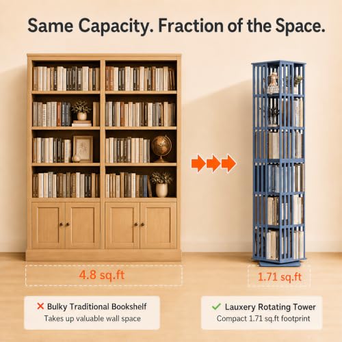 Image of Lauxery 6-Tier Bamboo Rotating Bookshelf Tower, Navy Blue, 74.8 in | 1200 lbs capacity, small footprint, 360 degree smooth rotation, dual shelf heights, easy assembly, for living room