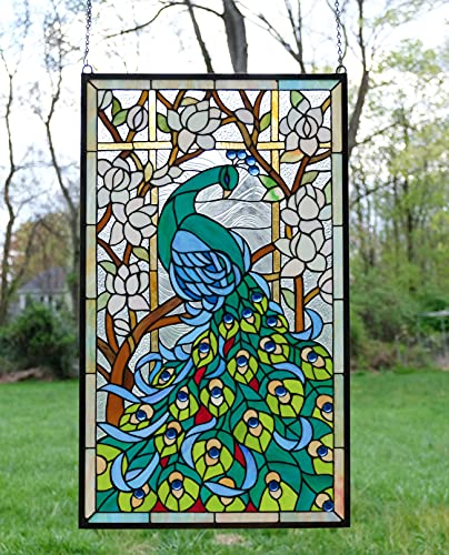 20.5" x 34.75" Large Tiffany Style Stained Glass Peacock Window Panel