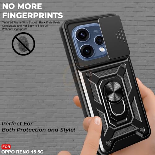 Image of Armor Bumper Back Cover Case for Oppo Reno 15 5G Rotating Camera Cover, Ring Holder & Kickstand | Heavy Duty & 360 Degree Protection Oppo Reno 15 5G Back Cover (Black)
