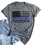 MEETSKY Thin Blue Line American Flag Shirt Women Patriotic Shirt Distressed Stars Stripes Graphic 4th of July Tshirt USA Flag Tops (Large, Light Grey)