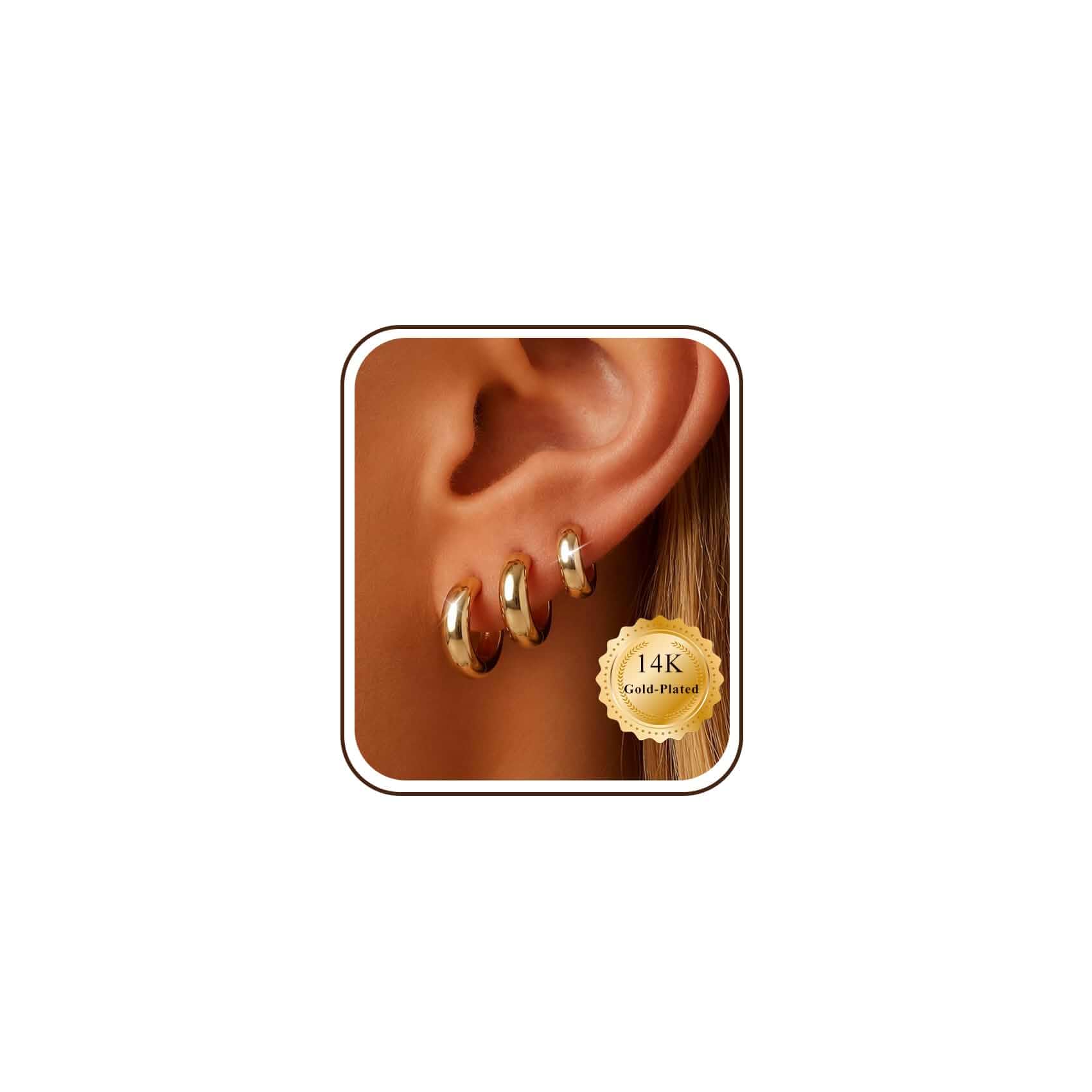 3 Pairs Gold/Silver Hoop Earrings Set for Women Small Chunky Huggie 925 Silver Post Hypoallergenic 14K Gold Plated Hoops Earring Stacks Lightweight Thick for Sensitive Ears Non Tarnish