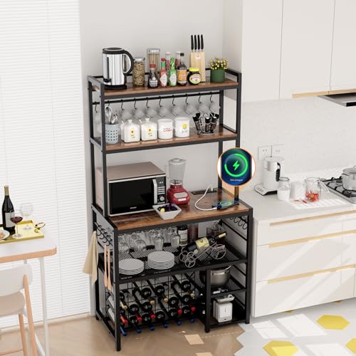 yacchi home Wine Bar Cabinet with Outlet and LED Light, Freestanding Floor Liquor Cabinet with Glass Holder Movable Storage Shelf, 4-Tier Wine Rack Durable Coffee Bar Cabinet for Kitchen Dining Room - Thumbnail 7