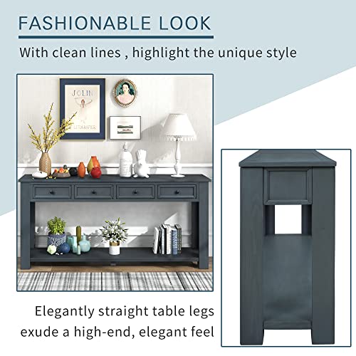 63" Solid Wood Console Table Sofa Table Entryway Table With 4 Storage Drawers And Bottom Shelf, Rustic Accent Table Side Table For Hallway, Living Room, Bedroom (Navy+@2) #TOP4