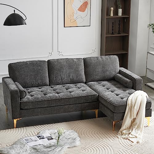 Karl home Luxe Chenille Sectional Sofa with Convertible Chaise & Gold Legs - Modern Convertible Sofa Couch for Living Room, Family Lounge (Tufted Cushions, Gray)