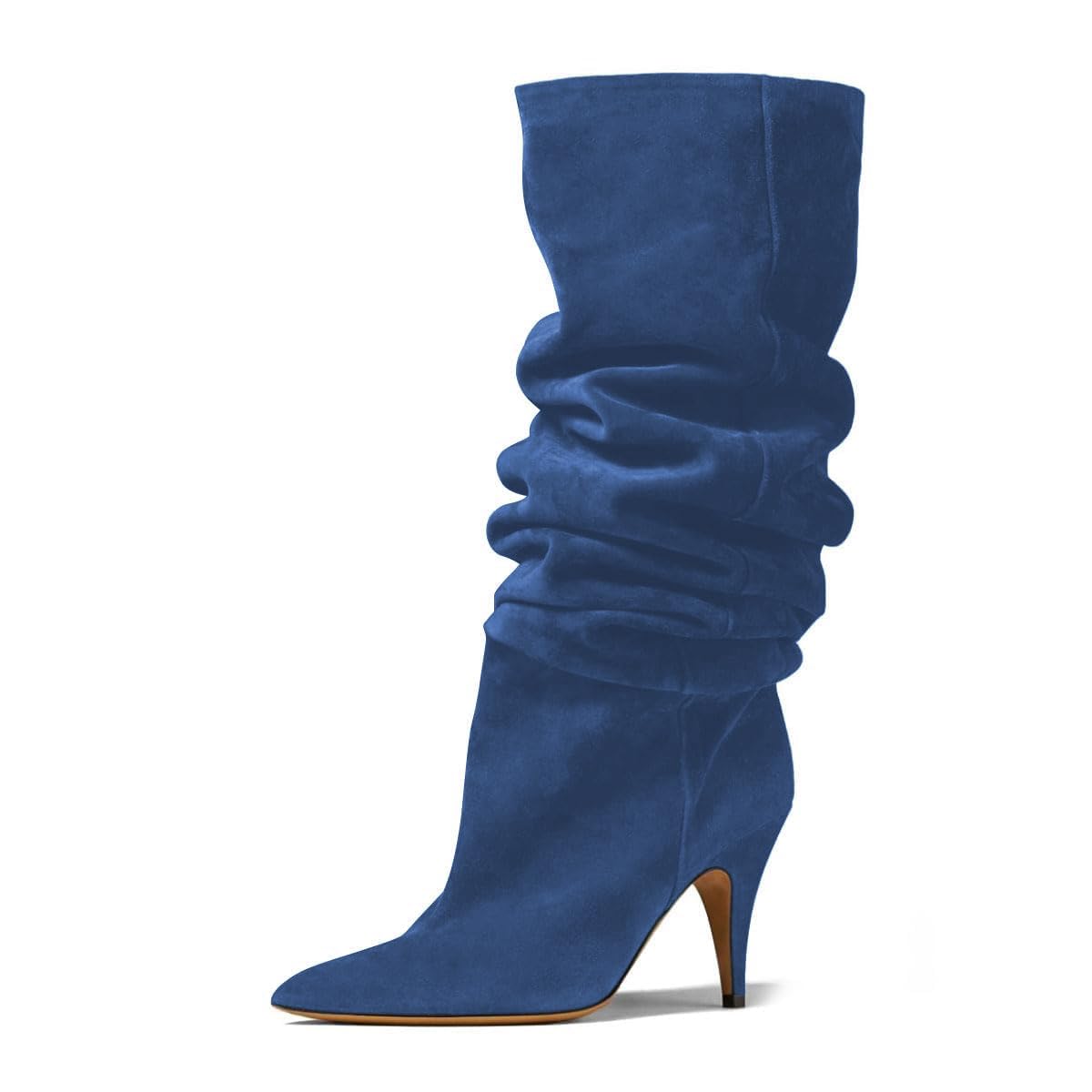 Zszszsu Womens Pointed Toe Slouchy Knee High Boots Fashion Stiletto High Heel Wide Calf Booties Pull On Dress