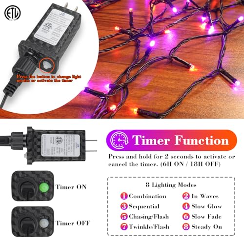 FairyGlim Halloween String Lights Plug in,33FT 100 LED String Lights with 8 Modes & Timer, Halloween Decorations for Party Carnival Supplies, Outdoor Indoor Yard Garden Decor, Purple & Orange - image 2
