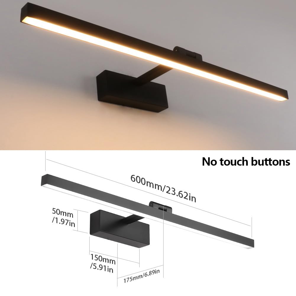 Klighten Lampara Espejo Baño Luz Led 60cm, 18W 1170 Lumen, Impermeable IP44 , Aplique Moderno, Blanco Cálido 3000K, Nero