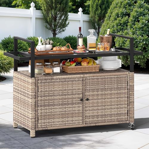 DWVO XL Outdoor Storage Cabinet,Patio Storage Table with Glass Top, Bar Table with Wheels,Outdoor Bar Cart for Patio, Poolside and Backyard,Light Brown
