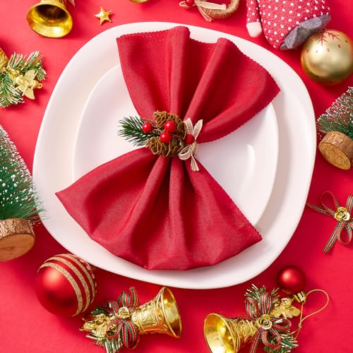 Christmas Napkins Cloth Set of 8 and Christmas Napkin Rings Set of 8, 16 PCS Evergreen Snowy Pinecone Xmas Napkins Table Decorations for Holiday Dinner Party Table Decor – Image 3