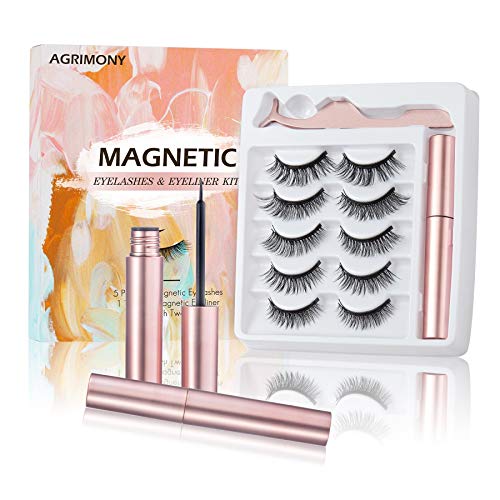 Magnetic Eyelashes with Eyeliner 5 Pairs - Reusable 5D Magnetic False Eyelashes Kit,Natural Look,Strong Magnetic,Upgraded Fake Eyelashes Sets with Tweezers,Magnetic Eyeliner