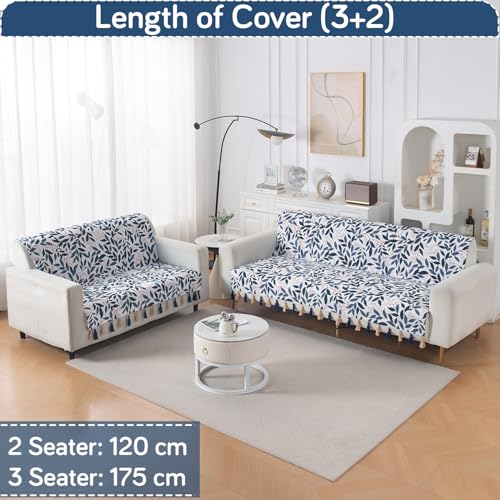 Image of HOKIPO Premium Holland Velvet Sofa Cover with Tassel 5 Seater (3+2) | Full Protection for Sofa Seat and Back | 'Whispers of Nature' | Indigo Foliage (IN-1127+1126-D10)