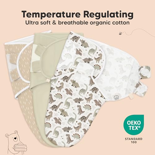 Image of 3-Pack Organic Baby Swaddle Sleep Sacks - Swaddles for Newborns, Infant 3-6 Months, Baby Girls, Boys, Soft & Snug Newborn Sleep Sack, Nursery Swaddling Blankets (Dino Ridge, L)
