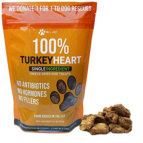 Max and Neo Freeze Dried Turkey Heart Dog Treats - Single Ingredient, Small Farm, Antibiotic Free, Human Grade Turkey Grown in The USA - We Donate 1 for 1 to Dog Rescues for Every Product Sold