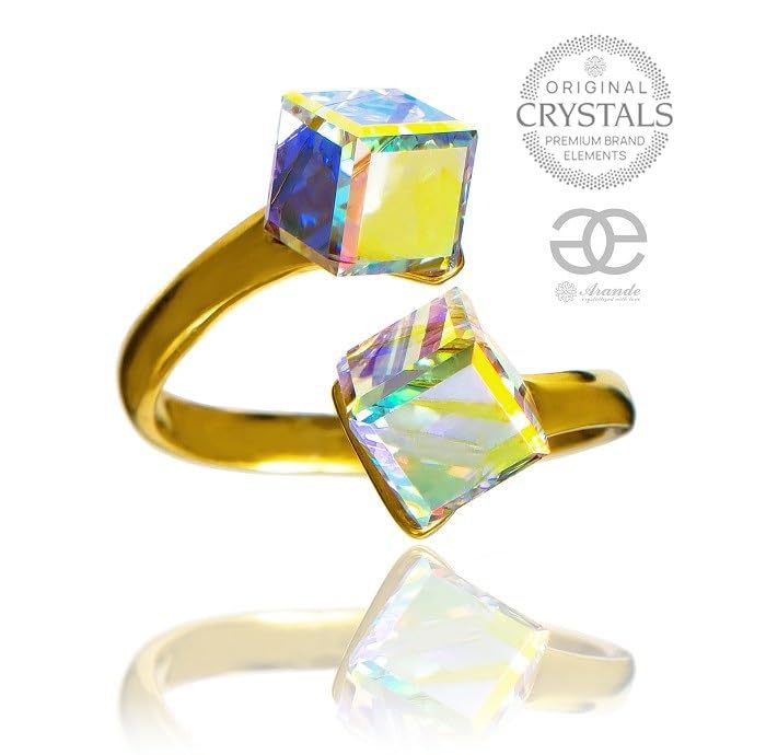 ARANDE Cristales originales hermoso anillo único ajustable Aurora chapado en plata 24K certificado de oro, Cristal
