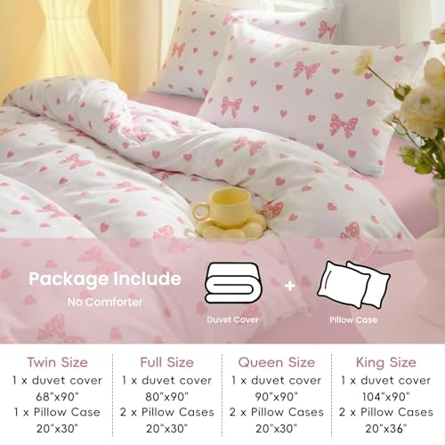 Image of Bow Duvet Cover Twin Size Pink Bows Heart Bedding Set Kids Boys Girls Love Heart Bowknot Soft Breathable Microfiber Comforter Cover Set with Zipper Closure and 1 Pillowcase (No Comforter)