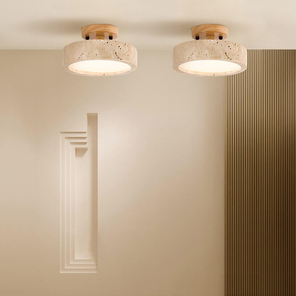 TRIVIDHA Minimalistische Deckenleuchte aus Stein, Wabi-sabi, Beige, nahe der Decke, 7,9 Zoll, Deckenleuchte mit Holzsockel, E27, Beleuchtung, Deckenleuchten aus Marmor, für Flur, Schlafzimmer, Küche