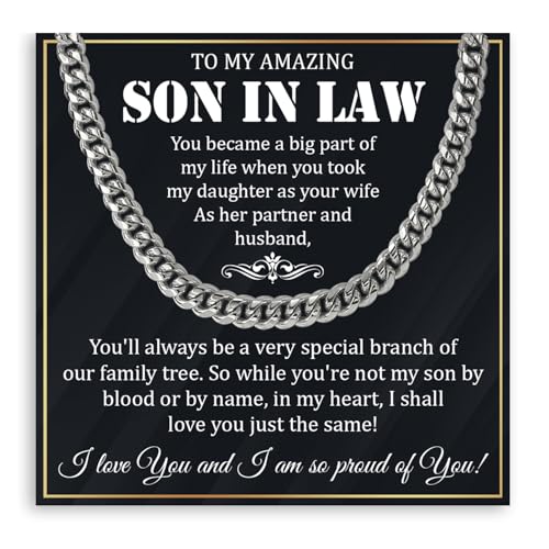 Son In Law Necklace From Mom, Son In Law Gifts From Mother, Cuban Chain Necklace With Message Card For Him On Wedding Birthday Christmas Anniversary
