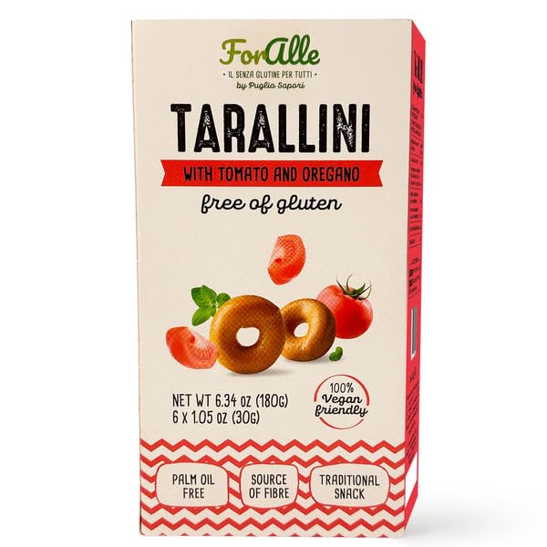 For Alle Gluten Free Tarallini with Tomato and Oregano, 6x1.05 oz (6.34 oz) – Traditional Italian...