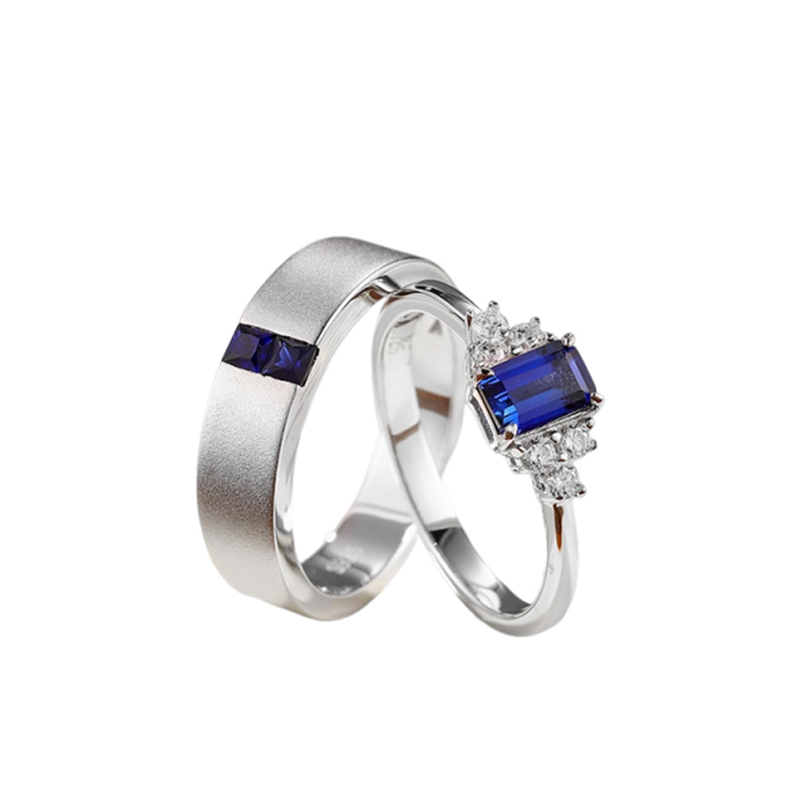 Anillo de compromiso para parejas, oro blanco de 9 quilates, 14 quilates, 18 quilates, zafiro de laboratorio cuadrado y rectangular con moissanita, anillo de compromiso de oro blanco de 14