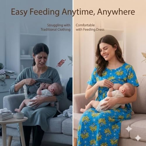 Image of Zero Clothing Feeding Dress for New Moms Casual Loungewear Ankle Length | Cotton Maternity Nighty | Zipless Feeding Dresses for Women | Pregnancy & Nursing Wear
