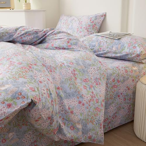 Image of Blue Floral Full Size Comforter Set Vintage Botanical Flowers Bedding Set | Aesthetic Birds Flowers Cottagecore Comforter Lightweight Soft Coquette Bedding Comforter with 2 Pillowcases