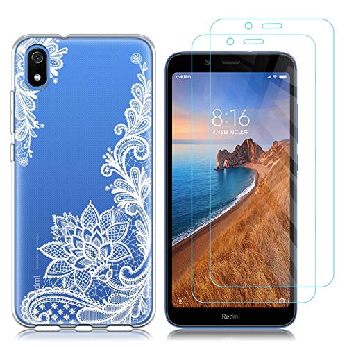Funda Xiaomi Redmi 7A Flor Blanca Suave TPU Silicona Protector Trasero Carcasa para Xiaomi Redmi 7A (5,45 Pulgada) con Dos Protector de Cristal Templado Film