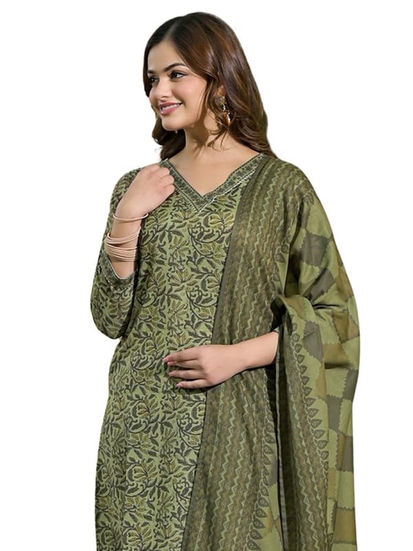Vaamsi Women’s Green Rayon Blend Floral Straight Printed Kurta Pant With Dupatta Set | Office Wear Straight Kurta Set | Printed Salwar Suit For Women