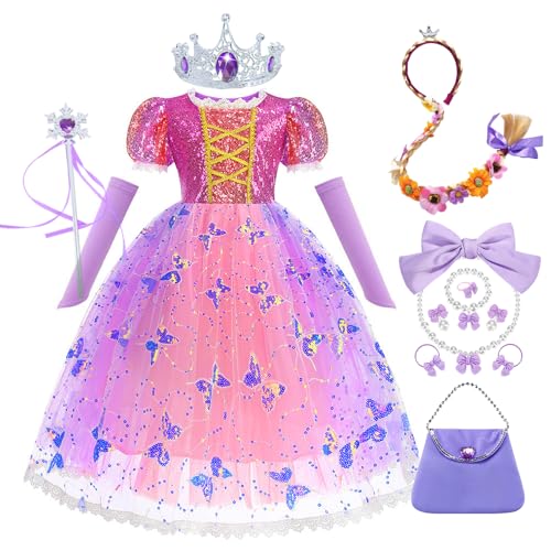 YOSICIL Niña Rapunzel Vestido de Princesa Regalo Disfraz para Carnaval Vestido con Accesorios Trenza Bolsa Lentejuela Set de Princesa Navidad Reyes Fiesta Cuento de Hadas Mariposas,Morado,130