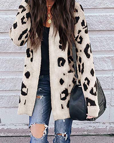 BTFBM Women Chic Leopard Print Cozy Sweater Pockets Button Down Open Front Loose Knitted Long Cardigan with Sleeves (Apricot, Medium)