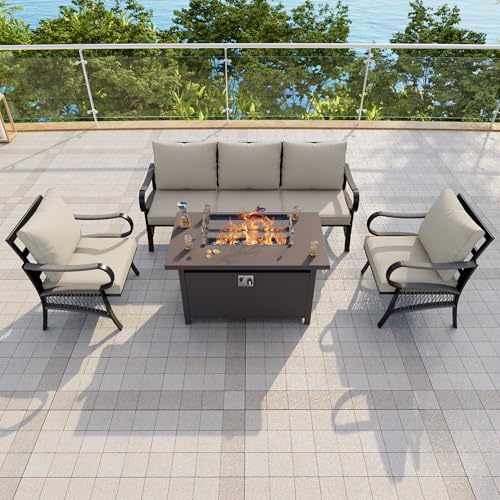 Image of 4-Piece Outdoor Furniture Set, Patio Conversation Set Include 3-Seater Sofa Couch Single Chairs with Fire Pit Table for Deck, Porch, Garden, Backyard, Poolside (Beige Cushions)