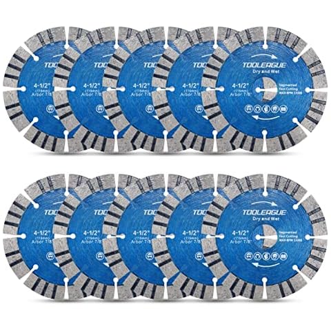 TOOLEAGUE 4.5" Diamond Saw Blade, Diamond Cutting Wheel for Cutting Concrete Stone, Marble, Granite, Brick, Masonry, Broadened Cutter Head,Sharp and Durable 10 Pcs(Blue) Cover