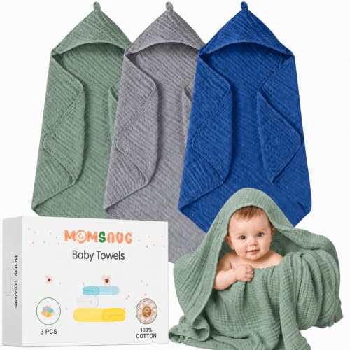 Image of 3-Pack Muslin Hooded Baby Towels, Green + Grey + Dark Blue, 35 inch X 35'' | 100% Cotton, Ultra-Soft & Highly Absorbent ,Quick-Dry for Delicate Skin, For Babies, Toddler and Newborn