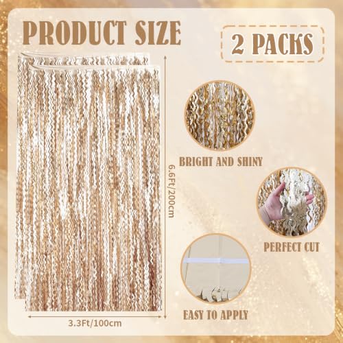 Image of TONIFUL 2Pcs Wavy Champagne Gold Metallic Foil Fringe Curtains Streamers | 3.3ftx6.6ft Photo Booth Backdrop Door Streamer, Props for Bachelorette Birthday Wedding Bridal Shower Baby Shower Decoration