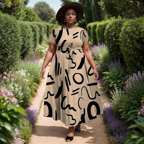 Image of Hostoyo Women Plus Size Formal A Line Maxi Dress Self Tie Waist with Pockets Elegant Round Neck Swing Long Dresses