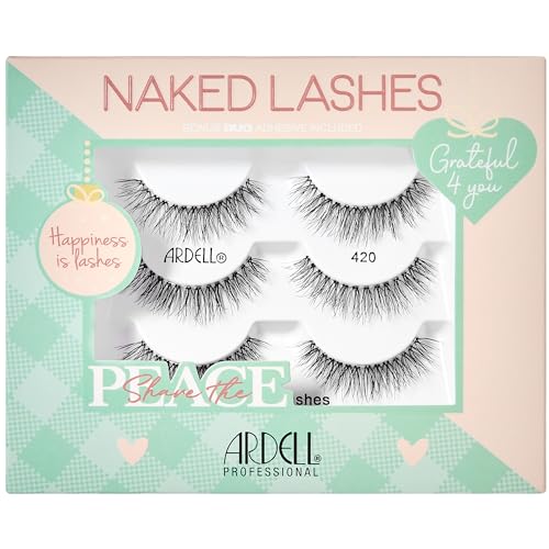 Ardell Naked Lashes 420 Natural Look False Eyelashes with Bonus Duo Adhesive Soft & Fluffy Wispy Lashes Strips Holiday Gift Set 3 Pairs